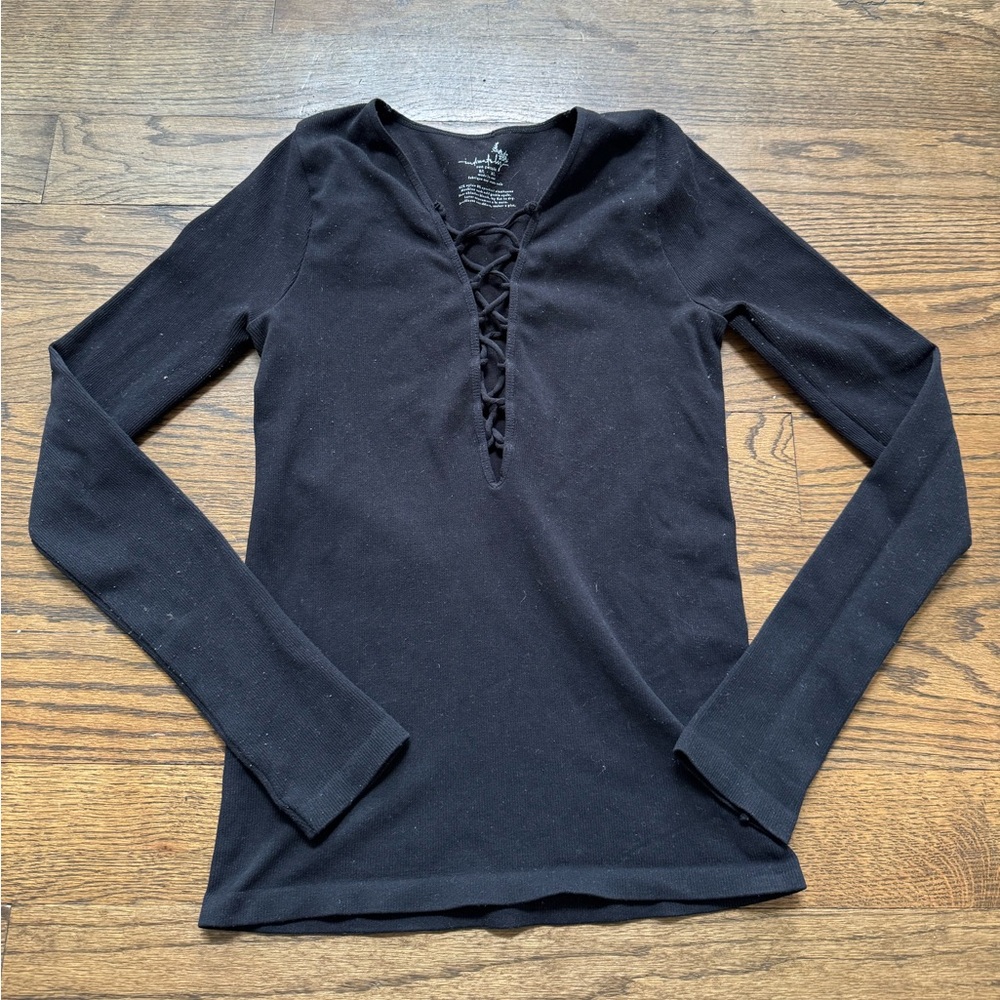 Intimately by Free People Black Ribbed Lace-Up Long Sleeve Top – M/L